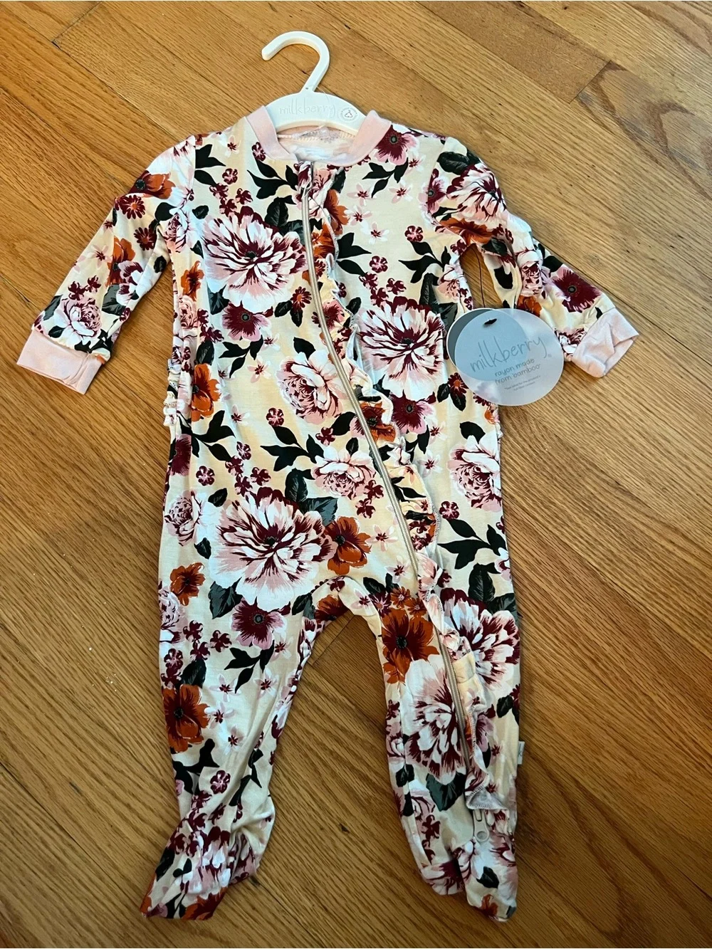 Milkberry Floral Zip Footed One-Piece in Cream and Pink floral pajama bamboo
